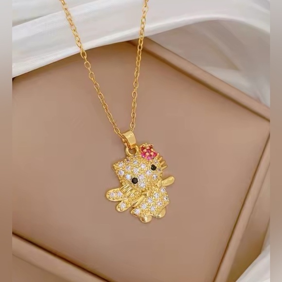 18K Gold Hello Kitty W/ Angel Wings & Flower Bow Pave Diamond Inlay Necklace - Picture 5 of 7